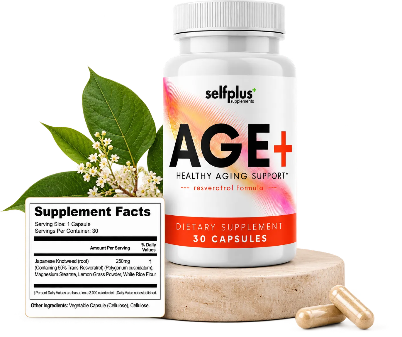SelfPlus AGE+ bottle with Japanese knotweed botanicals, capsules and the Supplement Facts panel